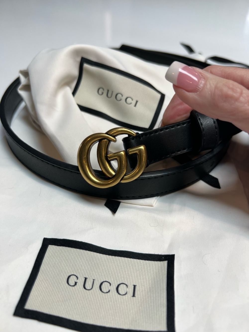 Gucci Black Leather Marmont Thin Belt with Brass Double G Buckle